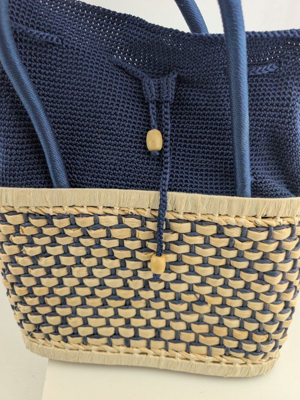 The Sak Original Woven Straw Rattan Basket Tote Bag Purse Navy Woven Insert EUC - Picture 7 of 12